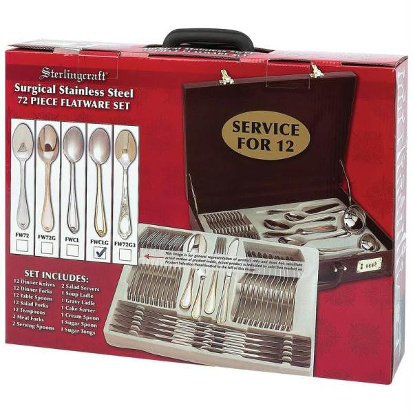 Sterlingcraft High-quality, Heavy-gauge Stainless Steel 72pc Flatware And Hostess Set With Gold Trim