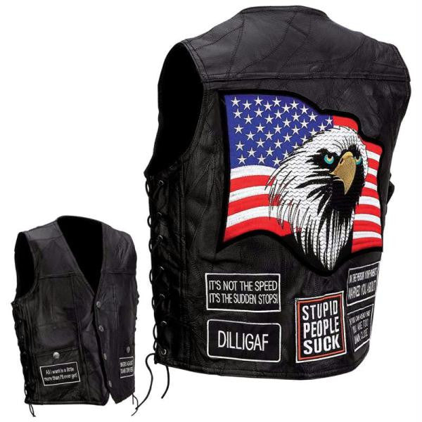 Diamond Plate Rock Design Genuine Buffalo Leather Concealed Carry Vest With Patches- 2x