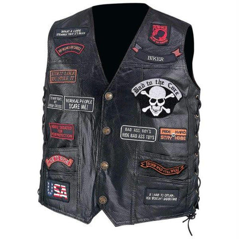 Diamond Plate Hand-sewn Pebble Grain Genuine Buffalo Leather Biker Vest With 23 Patches