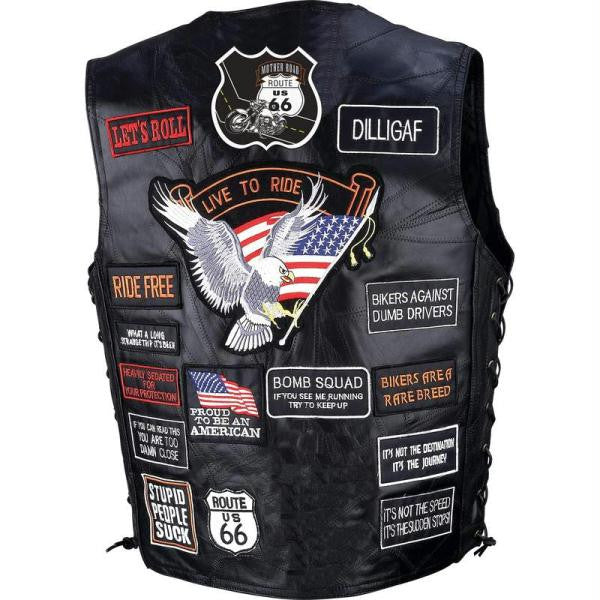 Diamond Plate Rock Design Genuine Buffalo Leather Biker Vest With 42 Patches- 2x