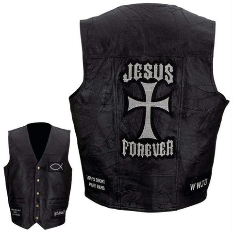 Giovanni Navarre Italian Stone Design Genuine Leather Vest With Christian Patches- 2x