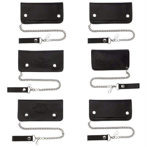 Diamond Plate 6pc Set Assorted Solid Genuine Leather Biker Wallets With Chains