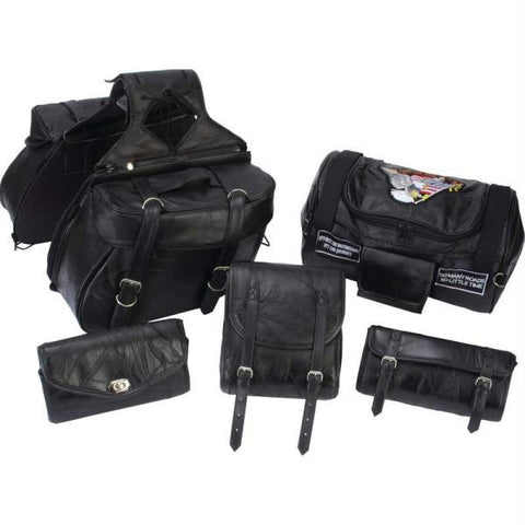 Diamond Plate 6pc Rock Design Genuine Buffalo Leather Motorcycle Luggage Set- Lea